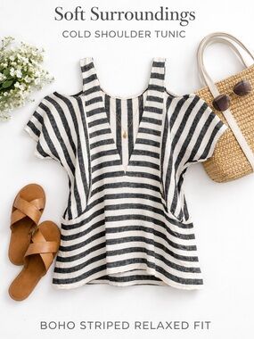 Soft Surroundings Striped Cold Shoulder Tunic Boho Black White Relaxed Fit Top